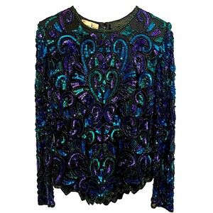 Laurence Kazar Silk Beaded & Sequined Popover Style Top Vintage Size M